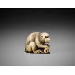 OKATORI: A FINE IVORY NETSUKE OF A MONKEY WITH BIWA (LOQUATS)