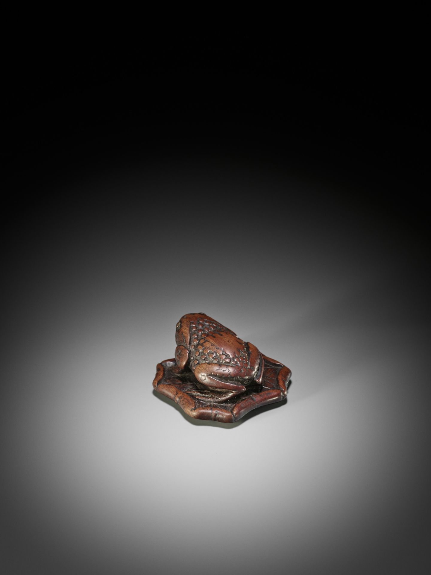 A LARGE AND UNUSUAL WOOD NETSUKE OF A TOAD ON A LOTUS LEAF - Bild 7 aus 9