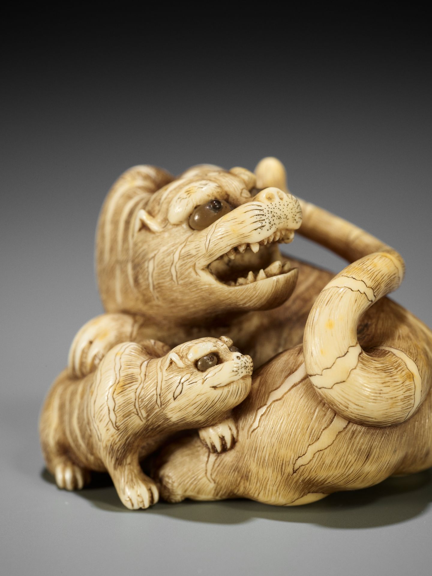 RANICHI: A SUPERB IVORY NETSUKE OF A TIGRESS WITH CUB - Bild 9 aus 13