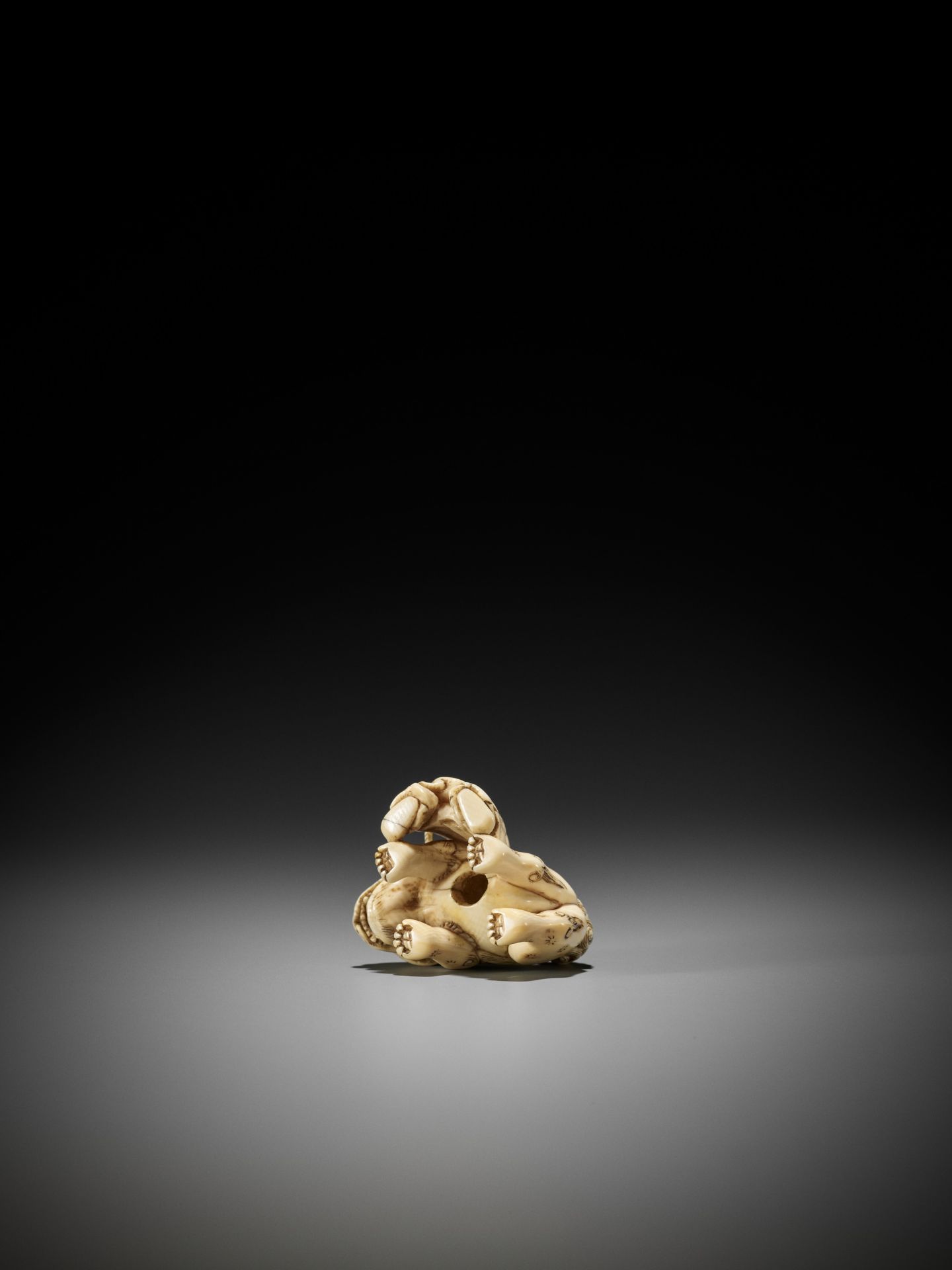 AN IVORY NETSUKE OF A FOREIGNER FROM SENHA LEADING A SHISHI - Bild 10 aus 12