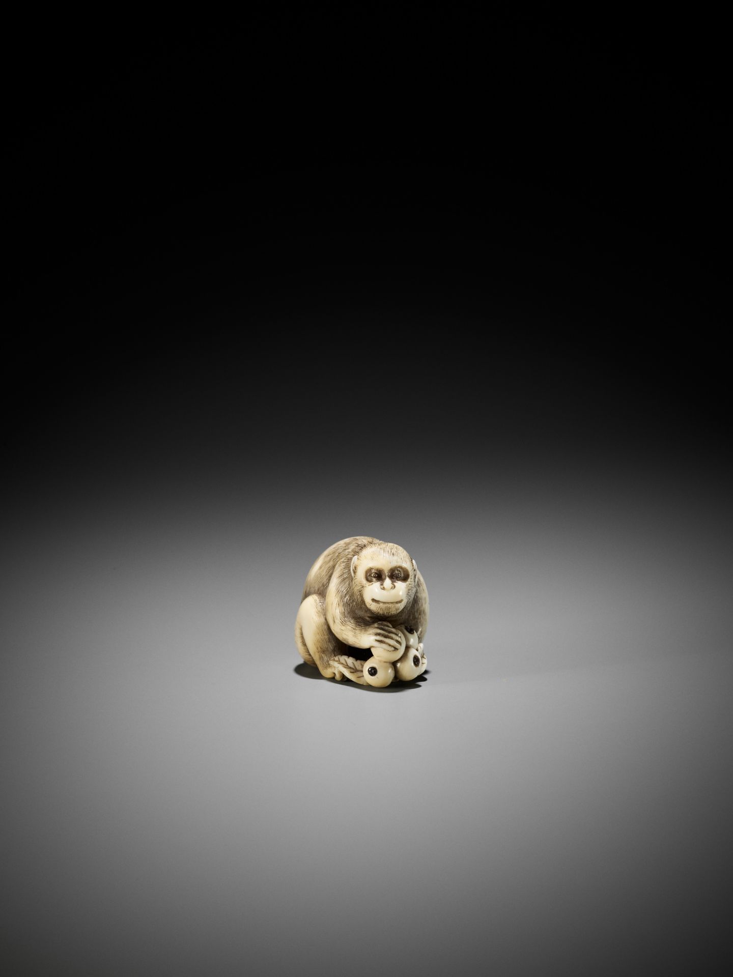 OKATORI: A FINE IVORY NETSUKE OF A MONKEY WITH BIWA (LOQUATS) - Bild 7 aus 13