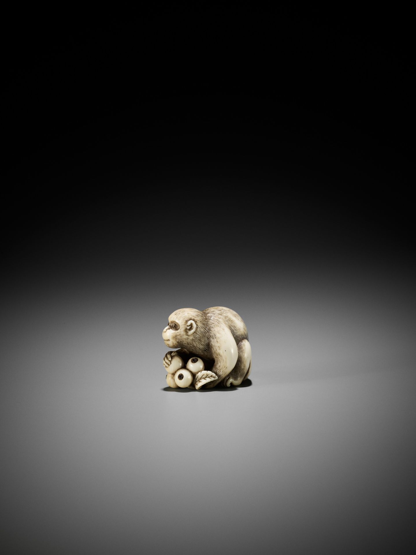 OKATORI: A FINE IVORY NETSUKE OF A MONKEY WITH BIWA (LOQUATS) - Bild 8 aus 13