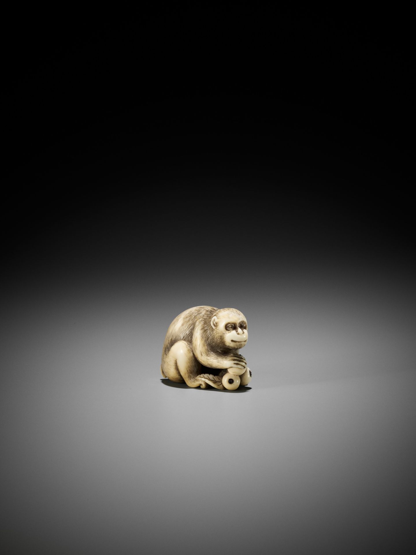 OKATORI: A FINE IVORY NETSUKE OF A MONKEY WITH BIWA (LOQUATS) - Bild 6 aus 13