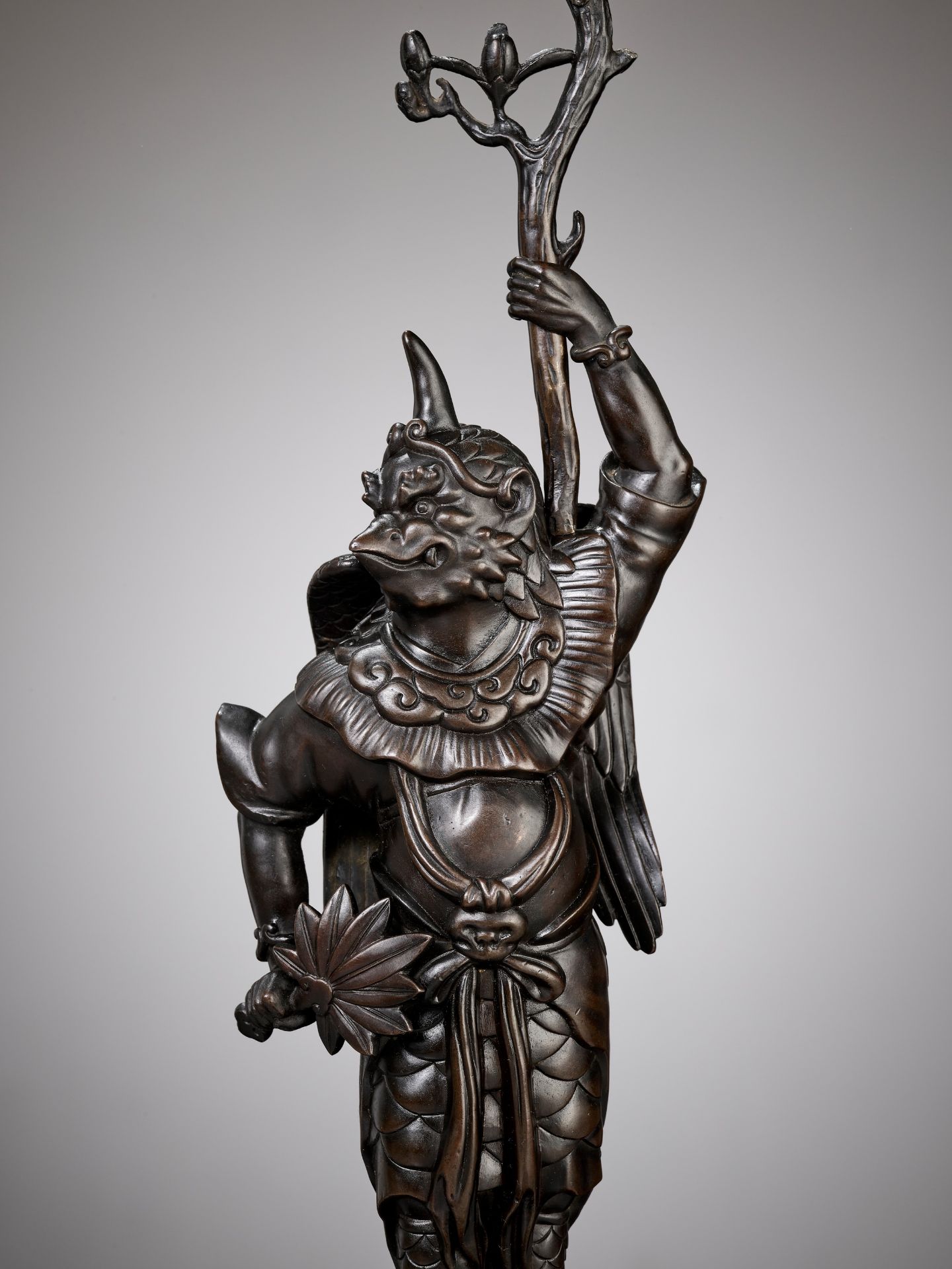 A RARE BRONZE OKIMONO OF A KARASU TENGU WITH CANDLESTICK - Image 10 of 11