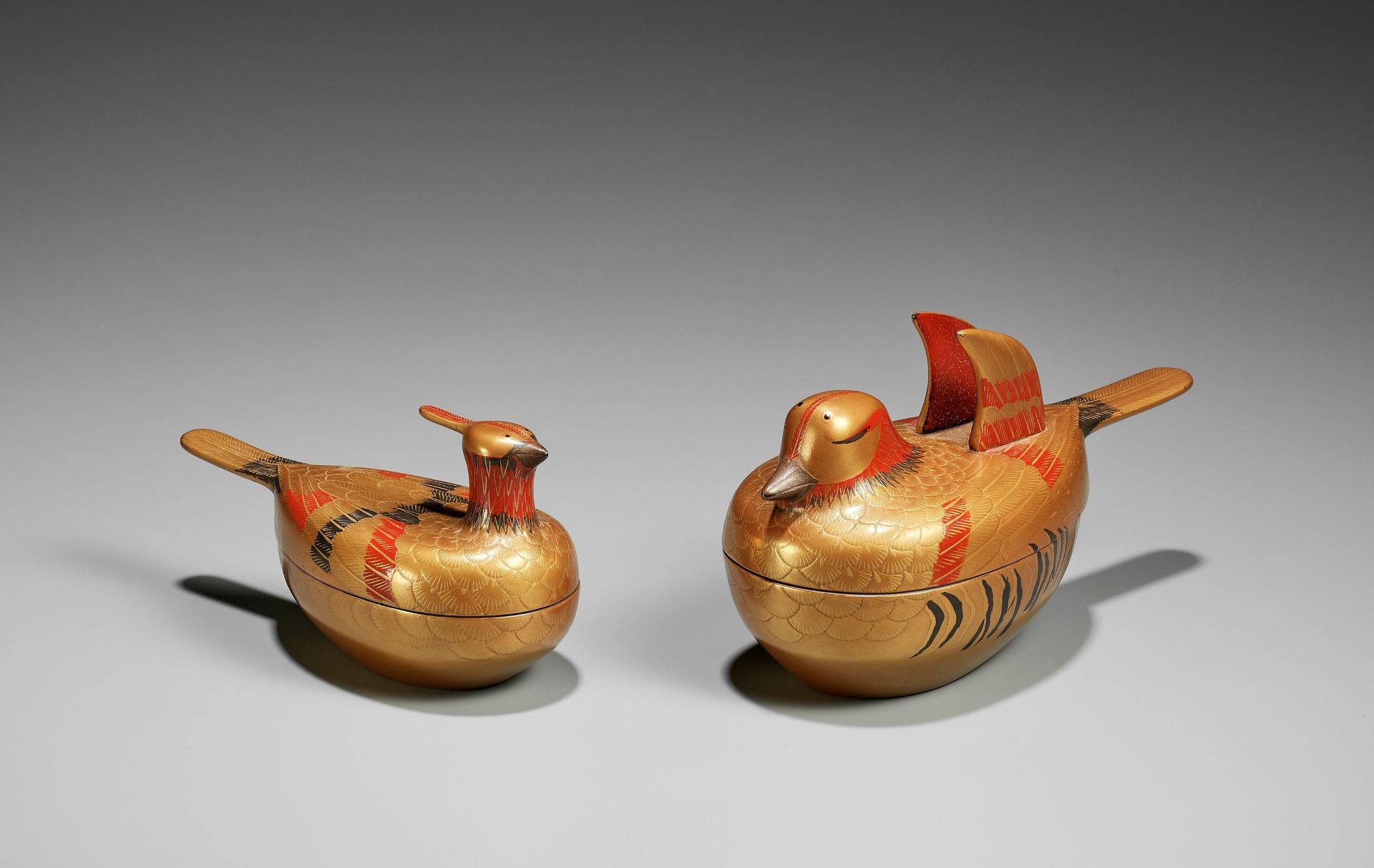 A PAIR OF GOLD LACQUER DUCK-FORM KOGO (INCENSE BOXES) AND COVERS