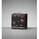 AN EXCEPTIONALLY RARE INLAID IRON MINIATURE KODANSU (CABINET) WITH TURTLES AND CRANES