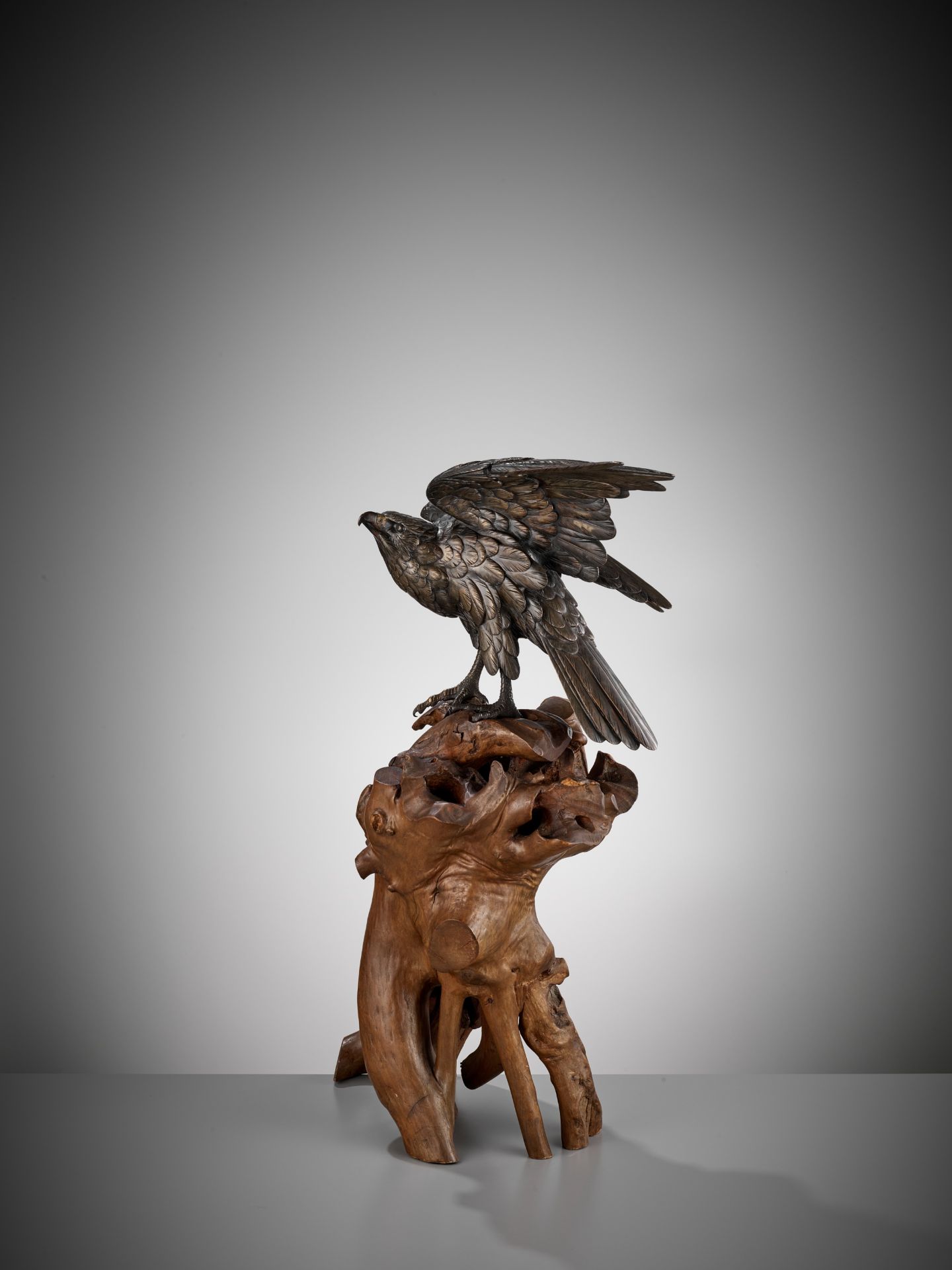 GYOKKO: A FINE BRONZE OKIMONO OF AN EAGLE ON A ROOTWOOD STAND - Bild 6 aus 13