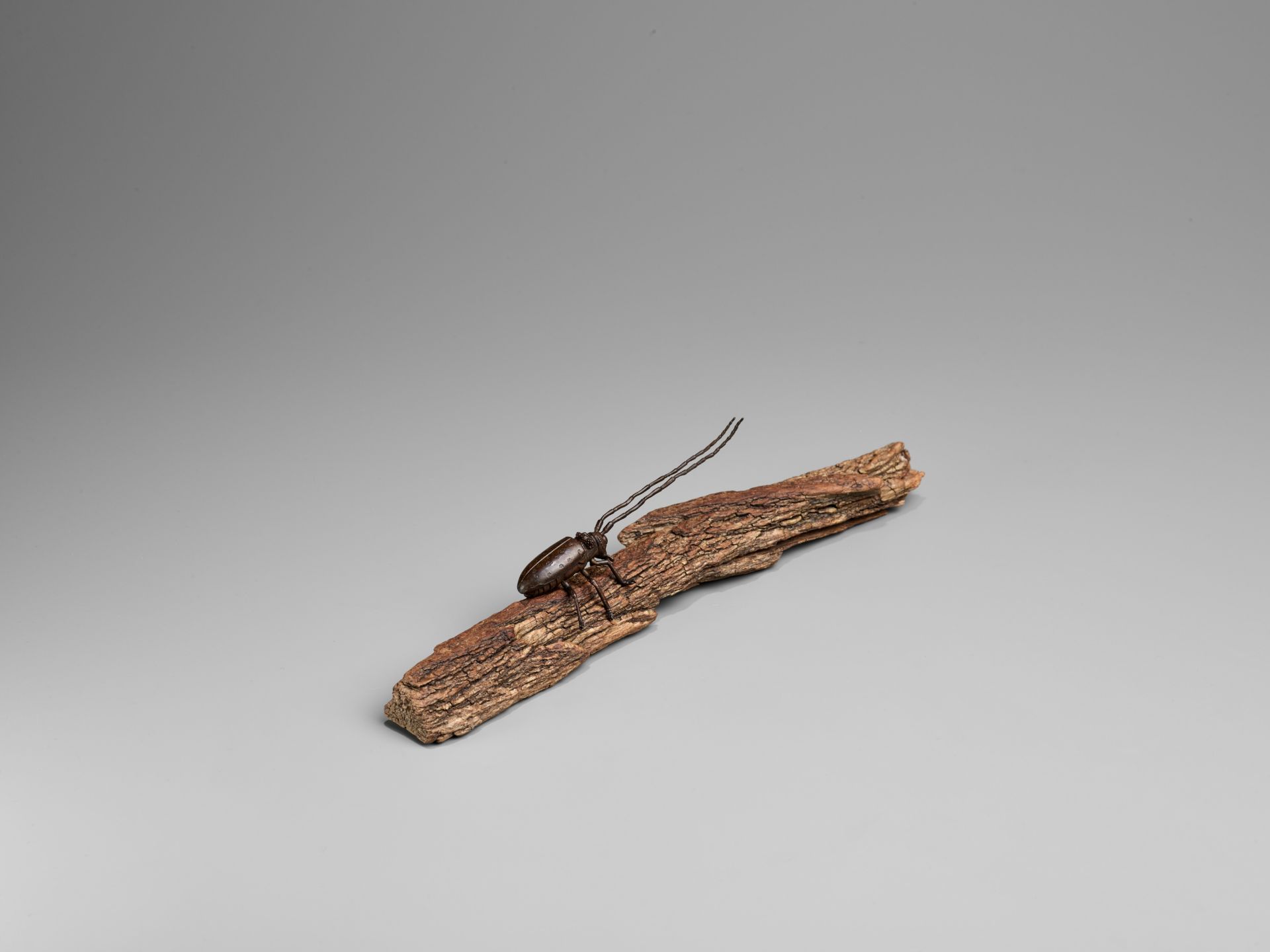 AN ARTICULATED BRONZE OKIMONO OF A SAWYER BEETLE CLIMBING A ROOTWOOD LOG - Image 9 of 9