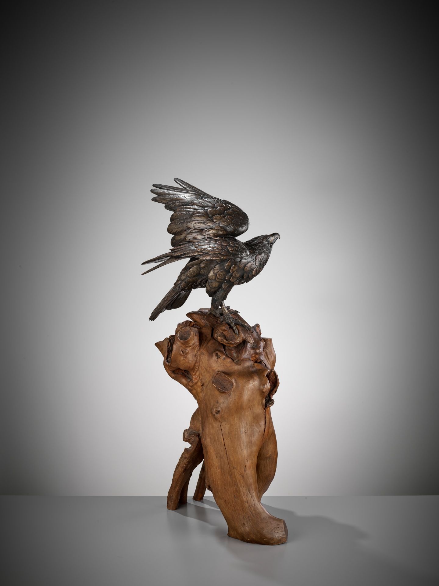 GYOKKO: A FINE BRONZE OKIMONO OF AN EAGLE ON A ROOTWOOD STAND - Bild 3 aus 13