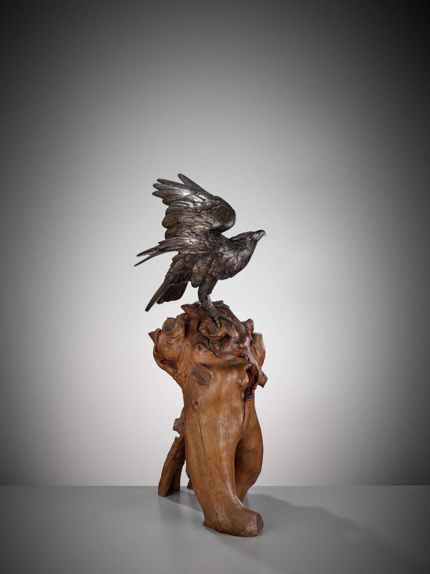 GYOKKO: A FINE BRONZE OKIMONO OF AN EAGLE ON A ROOTWOOD STAND - Bild 8 aus 13