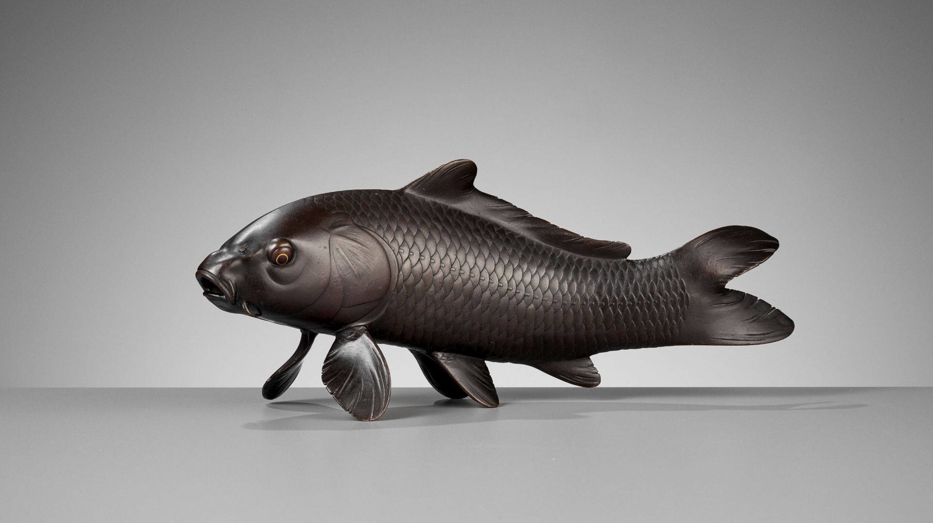 OSHIMA JOUN: A SUPERB BRONZE OKIMONO OF A CARP