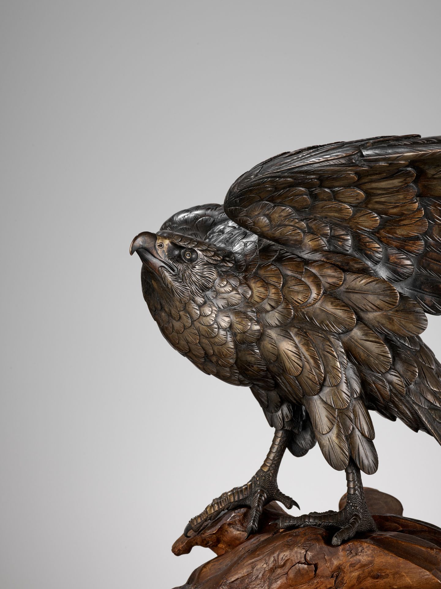 GYOKKO: A FINE BRONZE OKIMONO OF AN EAGLE ON A ROOTWOOD STAND - Bild 4 aus 13