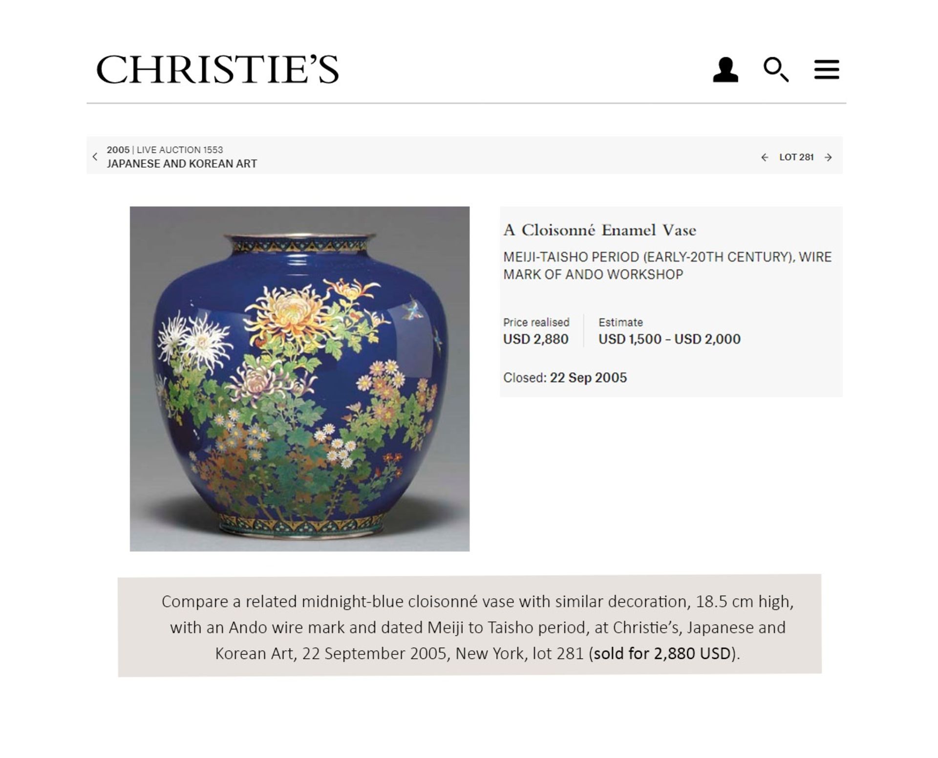 A LARGE MIDNIGHT-BLUE CLOISONNÃ‰ VASE WITH FLOWERS - Image 10 of 10