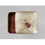 SANO HIROSHI: A CERAMIC-INLAID SILVERED-METAL BOX AND COVER WITH A STAG BEETLE