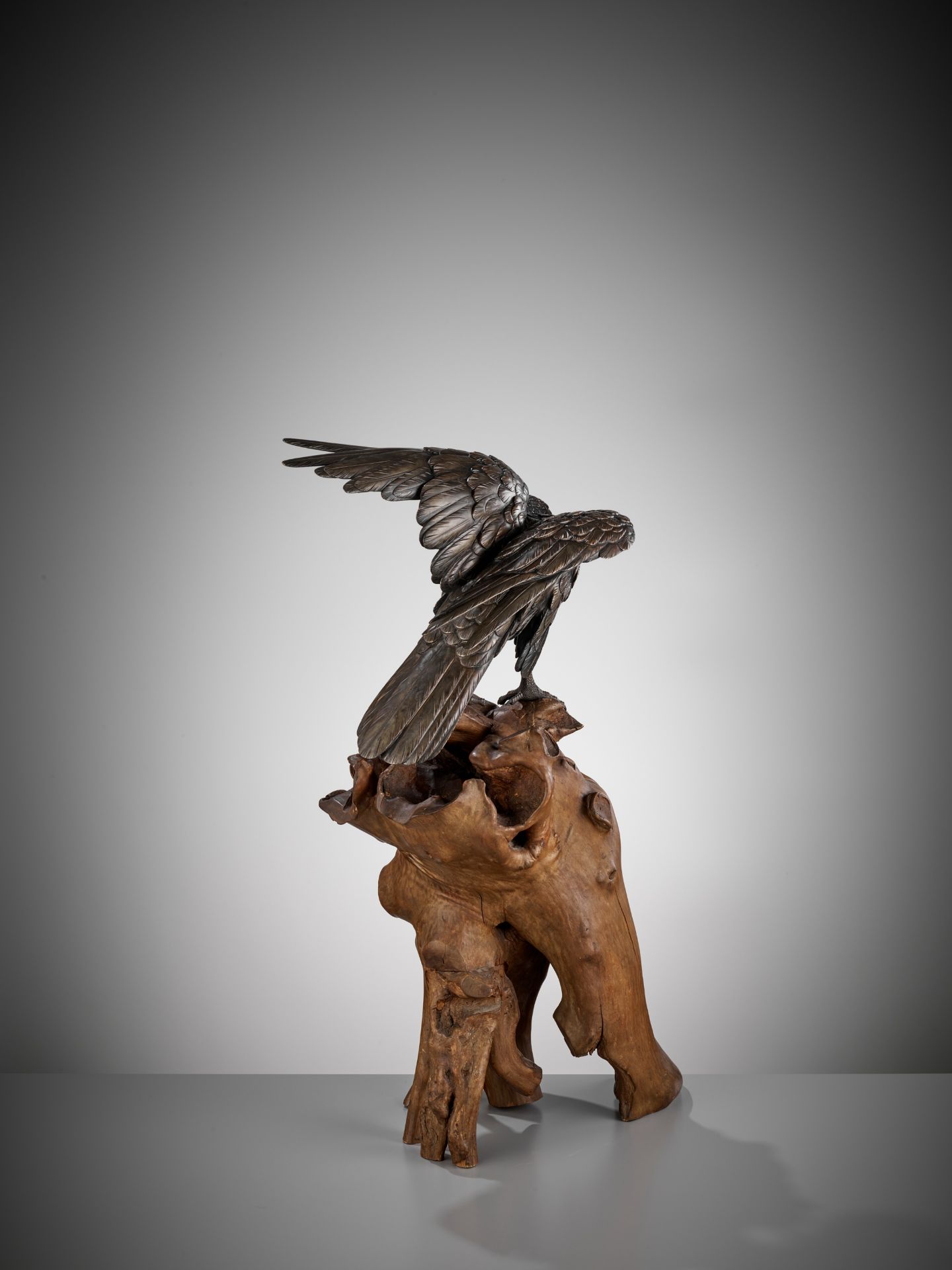 GYOKKO: A FINE BRONZE OKIMONO OF AN EAGLE ON A ROOTWOOD STAND - Bild 7 aus 13