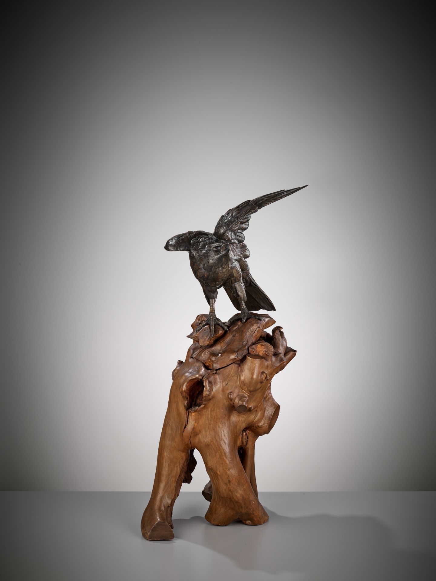 GYOKKO: A FINE BRONZE OKIMONO OF AN EAGLE ON A ROOTWOOD STAND - Image 10 of 13