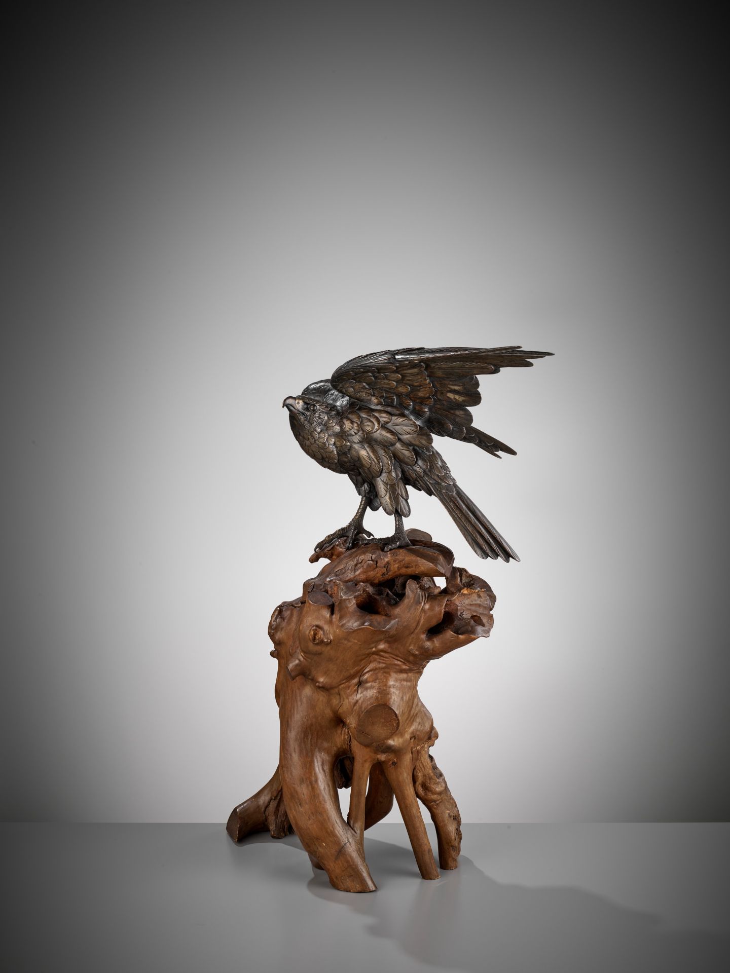 GYOKKO: A FINE BRONZE OKIMONO OF AN EAGLE ON A ROOTWOOD STAND - Image 5 of 13