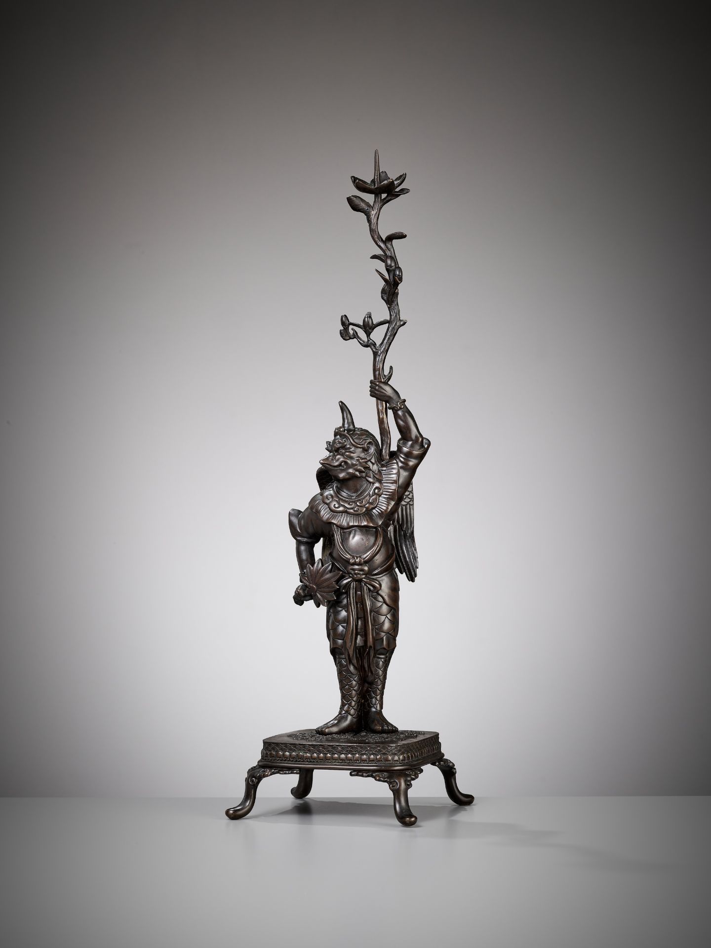 A RARE BRONZE OKIMONO OF A KARASU TENGU WITH CANDLESTICK - Image 3 of 11