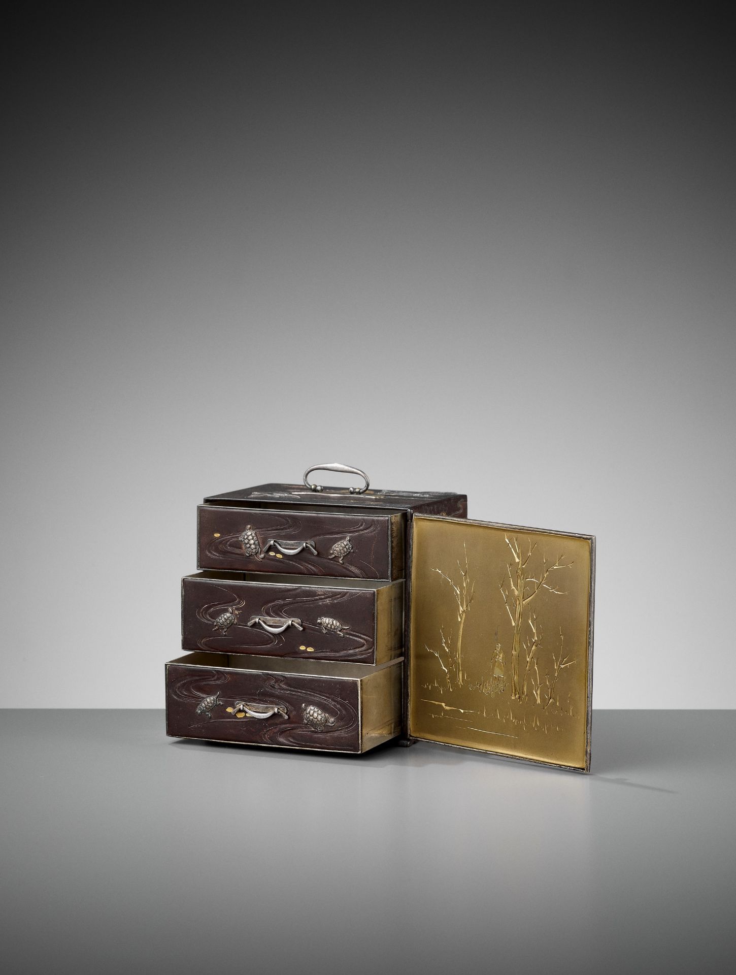 AN EXCEPTIONALLY RARE INLAID IRON MINIATURE KODANSU (CABINET) WITH TURTLES AND CRANES - Image 2 of 10