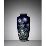 A LARGE MIDNIGHT-BLUE CLOISONNÃ‰ VASE WITH FLOWERS