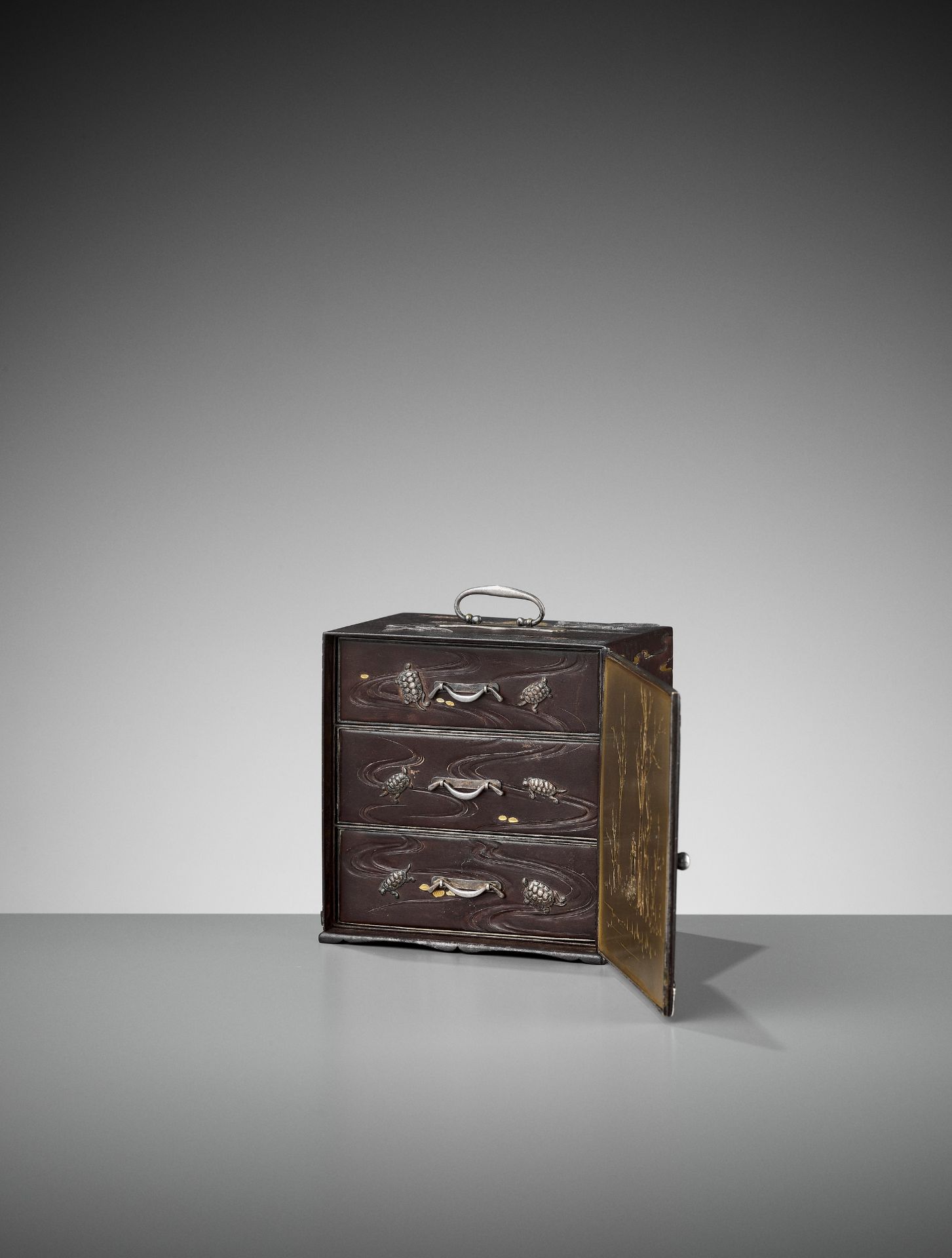 AN EXCEPTIONALLY RARE INLAID IRON MINIATURE KODANSU (CABINET) WITH TURTLES AND CRANES - Image 3 of 10