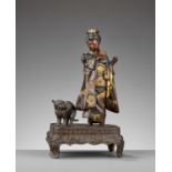 MIYAO: A RARE GOLD-INLAID BRONZE OKIMONO OF A LADY WITH CATS