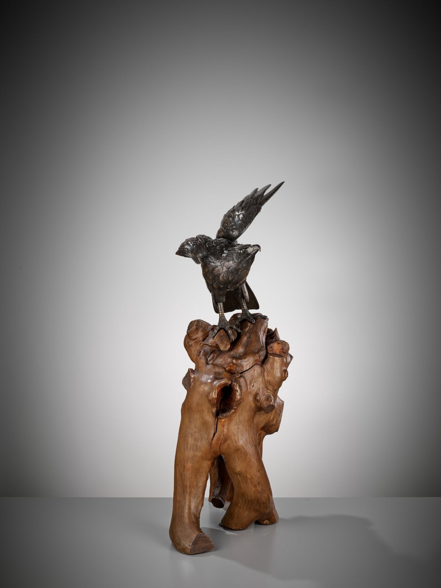 GYOKKO: A FINE BRONZE OKIMONO OF AN EAGLE ON A ROOTWOOD STAND - Bild 9 aus 13