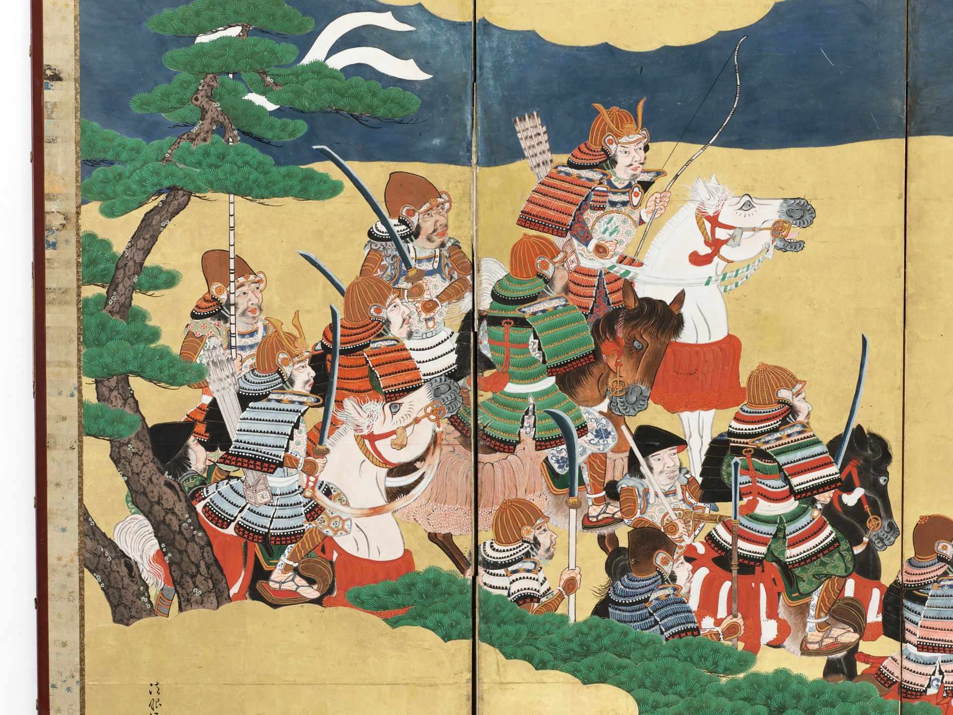 HOGEN KIJOKUNI: A SIX-PANEL BYOBU SCREEN DEPICTING A SCENE FROM THE BATTLE OF ICHINOTANI - Image 3 of 6