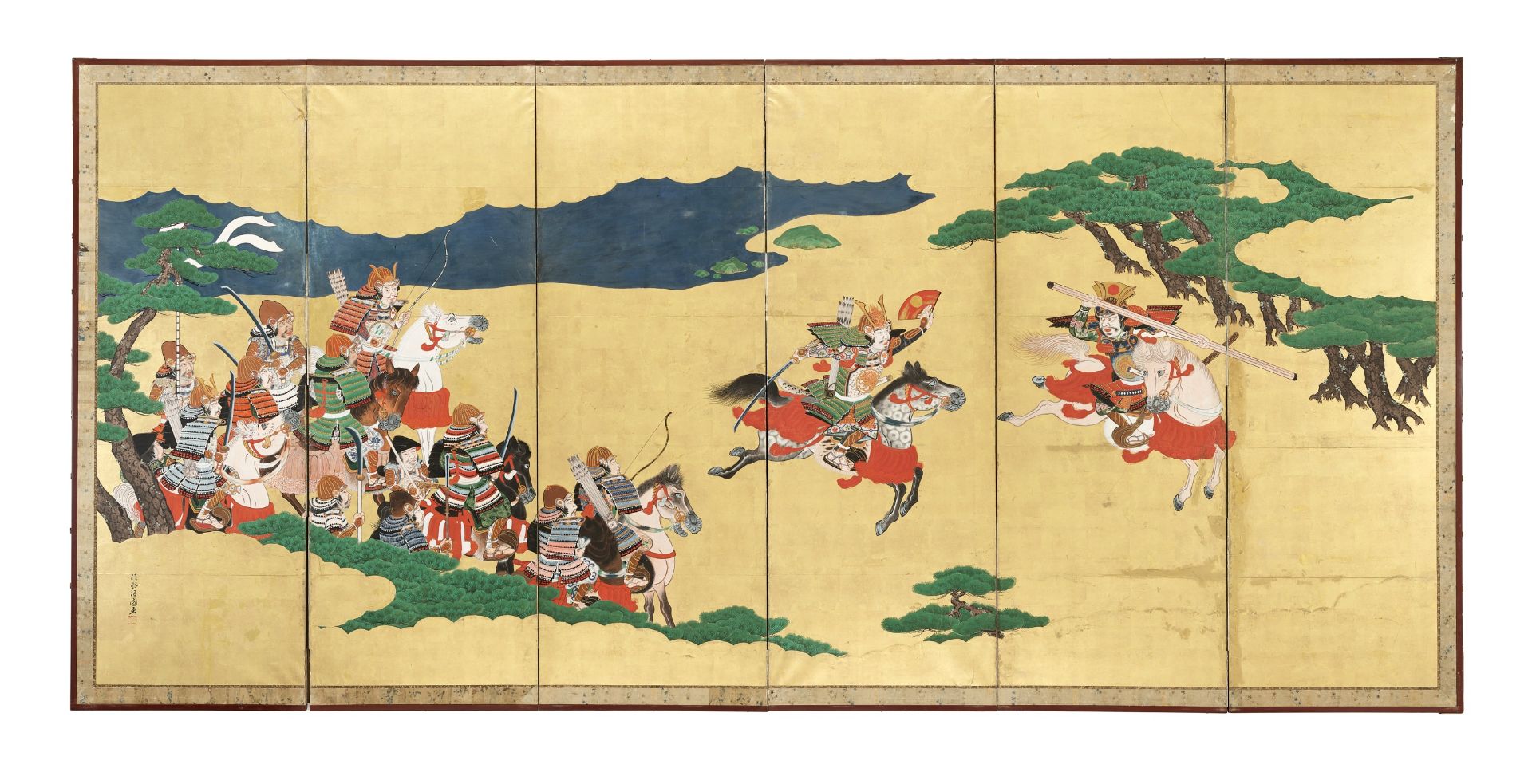 HOGEN KIJOKUNI: A SIX-PANEL BYOBU SCREEN DEPICTING A SCENE FROM THE BATTLE OF ICHINOTANI - Image 2 of 6