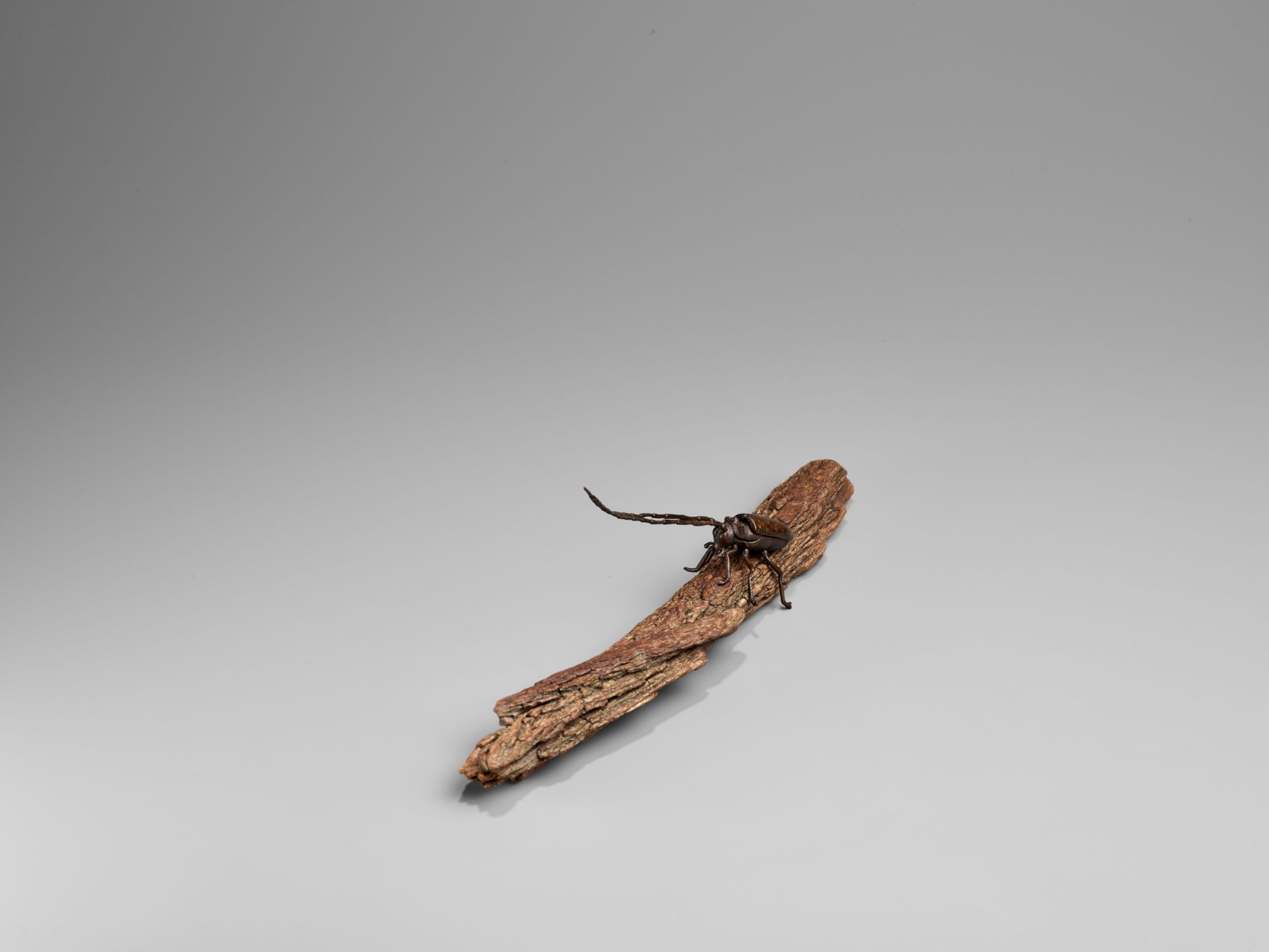 AN ARTICULATED BRONZE OKIMONO OF A SAWYER BEETLE CLIMBING A ROOTWOOD LOG - Image 6 of 9