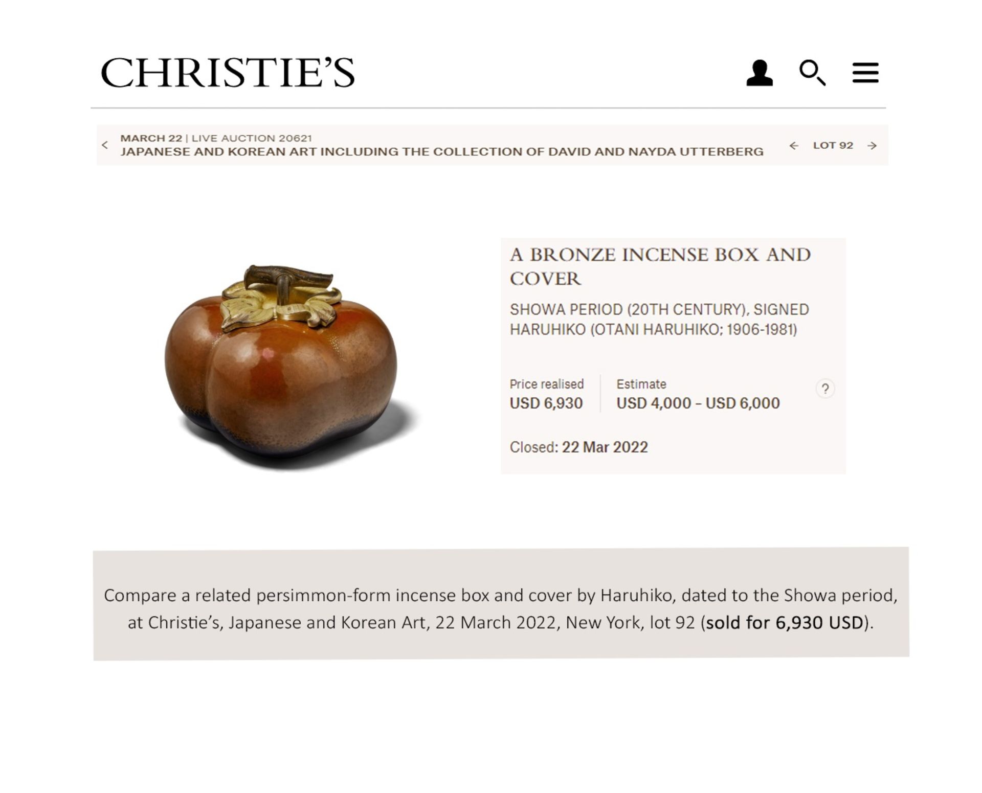 A BRONZE PERSIMMON-FORM INCENSE BOX AND COVER - Image 9 of 9