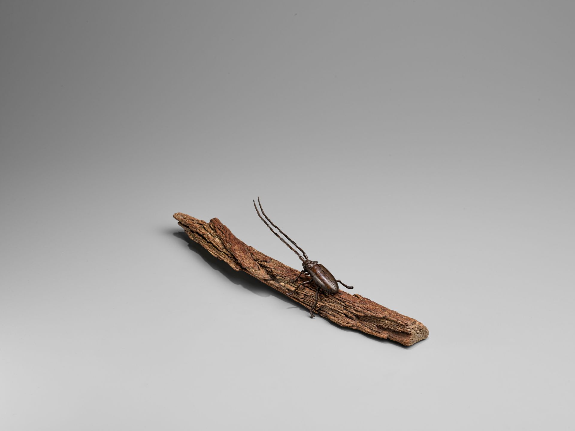 AN ARTICULATED BRONZE OKIMONO OF A SAWYER BEETLE CLIMBING A ROOTWOOD LOG - Image 8 of 9