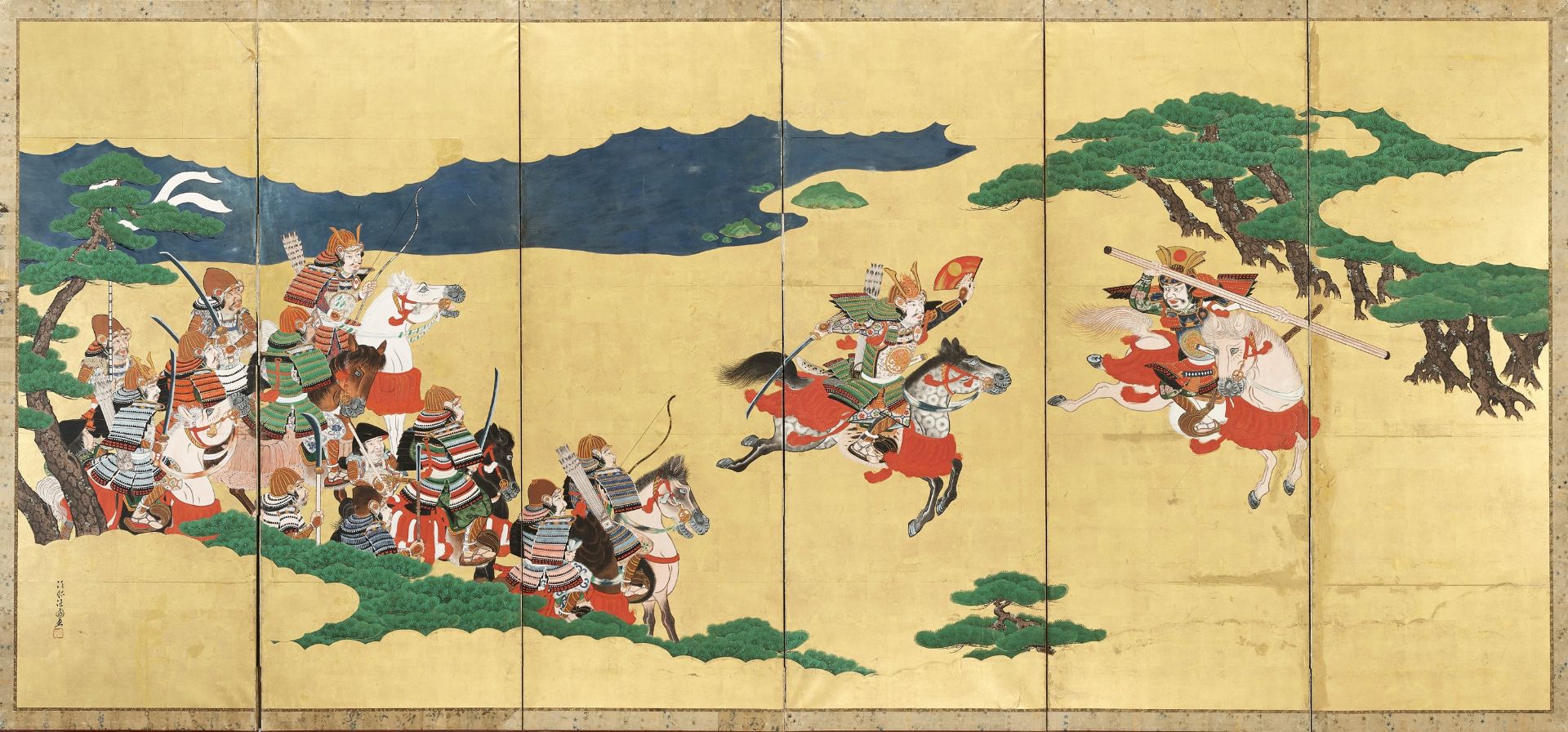 HOGEN KIJOKUNI: A SIX-PANEL BYOBU SCREEN DEPICTING A SCENE FROM THE BATTLE OF ICHINOTANI