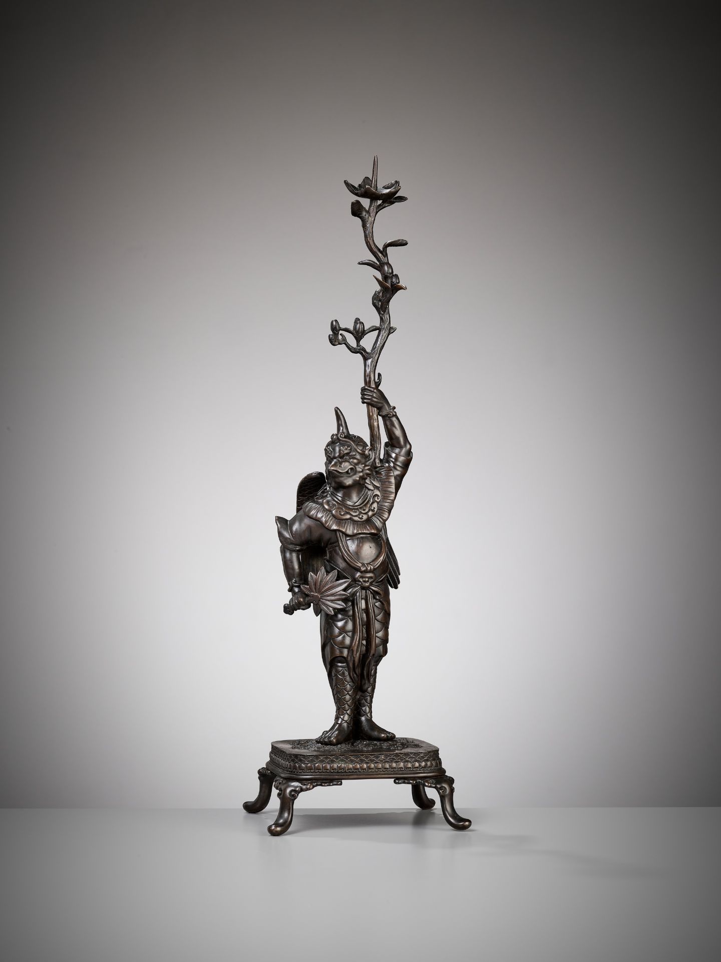 A RARE BRONZE OKIMONO OF A KARASU TENGU WITH CANDLESTICK - Image 8 of 11