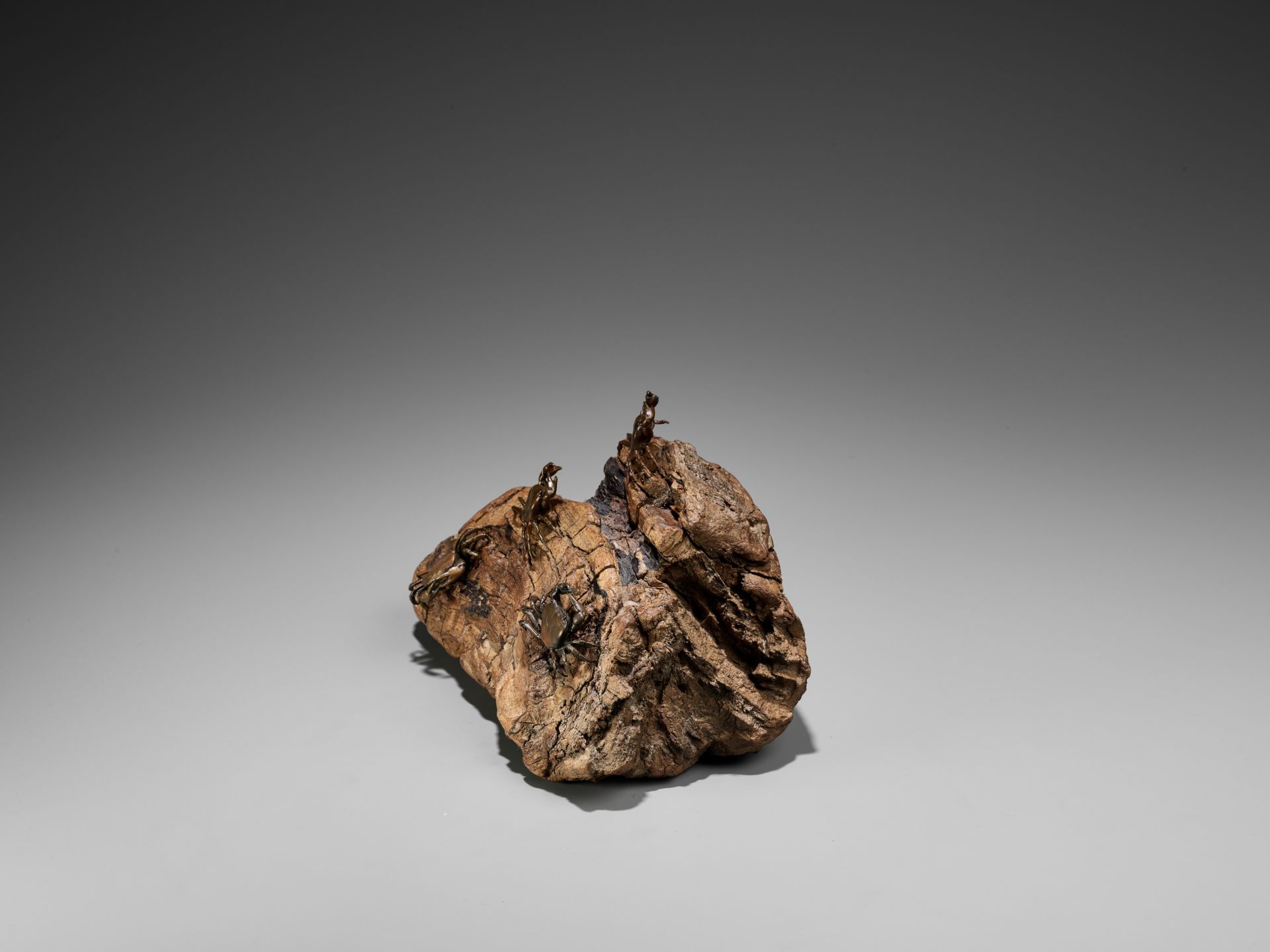 AN UNUSUAL BRONZE AND ROOTWOOD OKIMONO OF A CRAB ROCK - Image 6 of 8