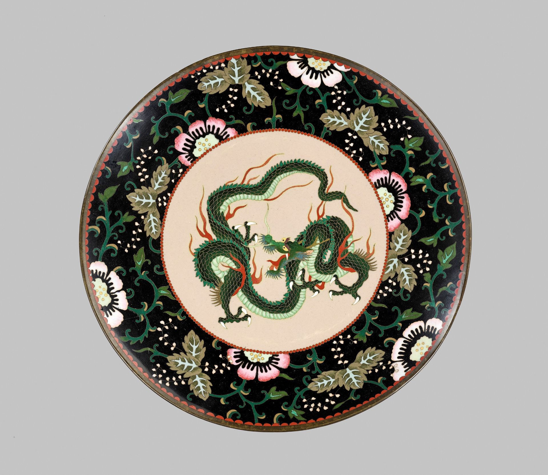 A DRAMATIC CLOISONNÃ‰-ENAMEL DRAGON PLATE