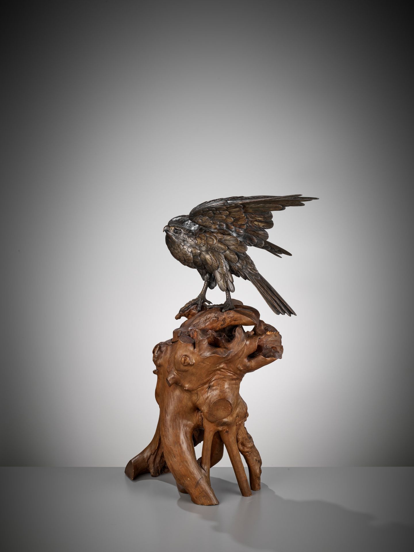 GYOKKO: A FINE BRONZE OKIMONO OF AN EAGLE ON A ROOTWOOD STAND - Bild 2 aus 13