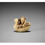 JUGYOKU: A TOKYO SCHOOL IVORY NETSUKE OF JUROJIN RIDING A BIRD