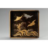 A BLACK AND GOLD LACQUERED TRAY WITH CRANES, 1900s