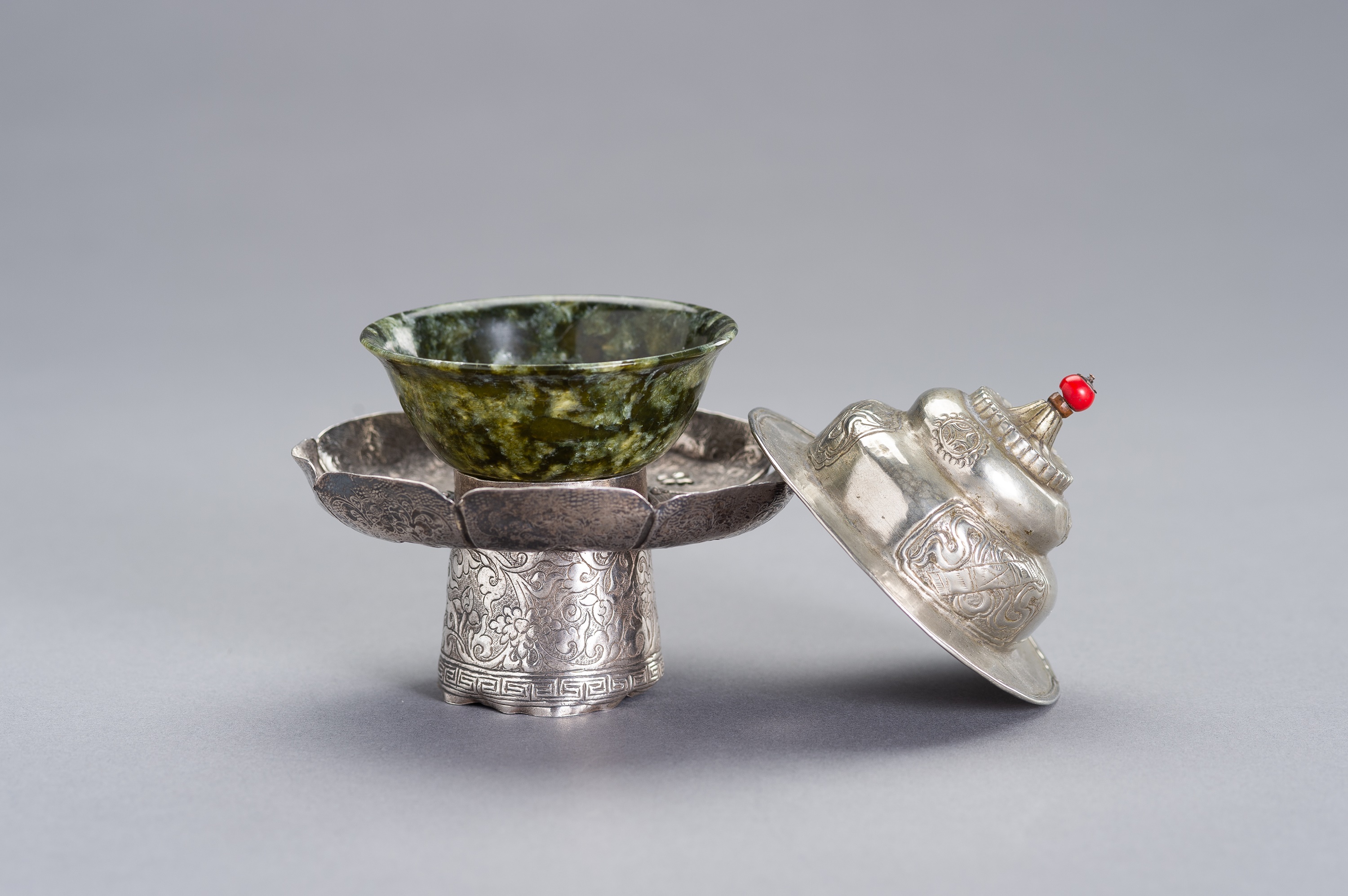 A SILVER AND JADE BUTTER TEA SET - Image 3 of 12