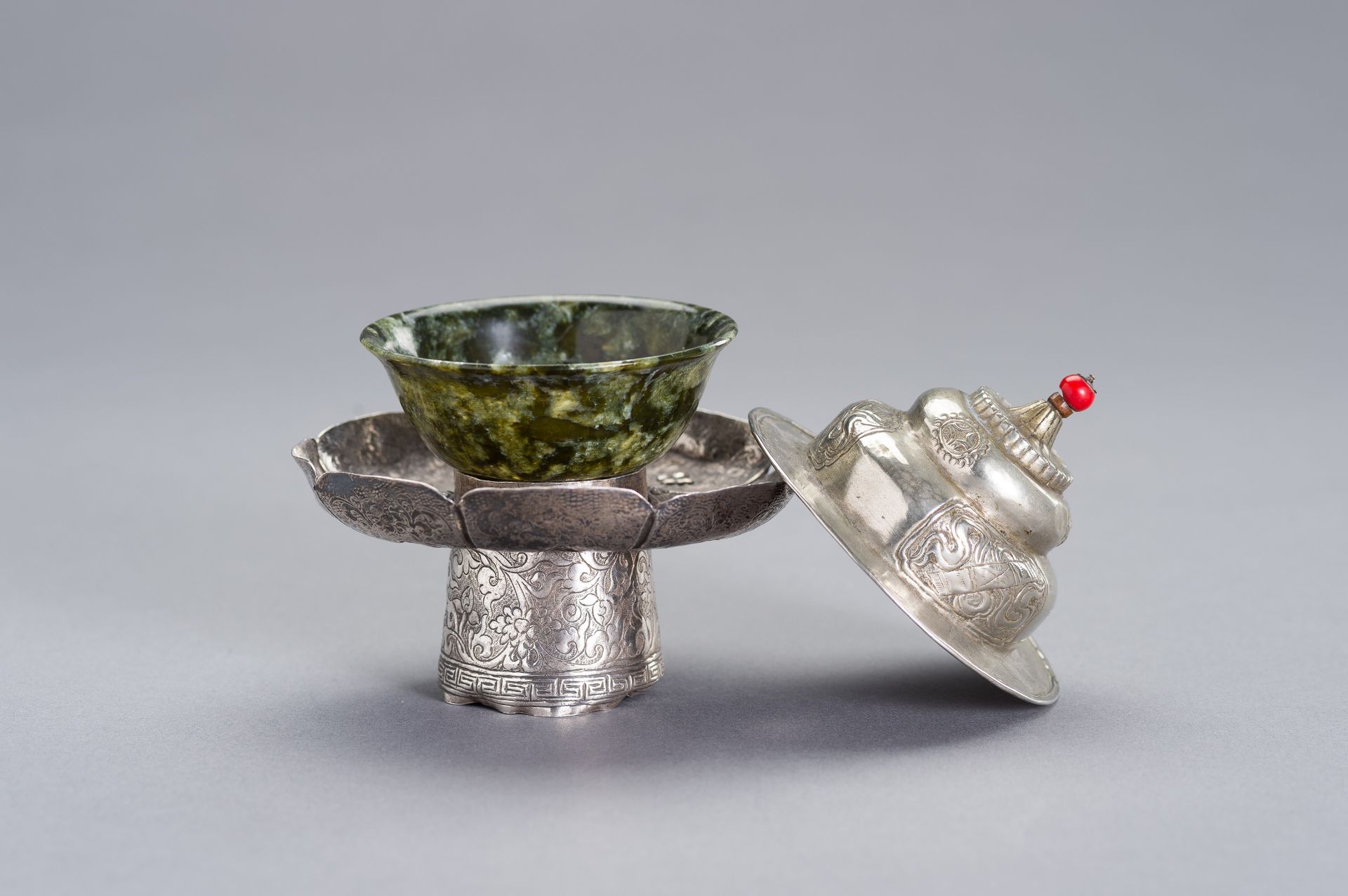 A SILVER AND JADE BUTTER TEA SET - Image 3 of 12