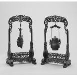 AN ARCHAISTIC BRONZE TEMPLE BELL AND VESSEL SUSPENDED IN HARDWOOD FRAMES AND STANDS, QING