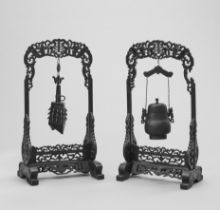 AN ARCHAISTIC BRONZE TEMPLE BELL AND VESSEL SUSPENDED IN HARDWOOD FRAMES AND STANDS, QING
