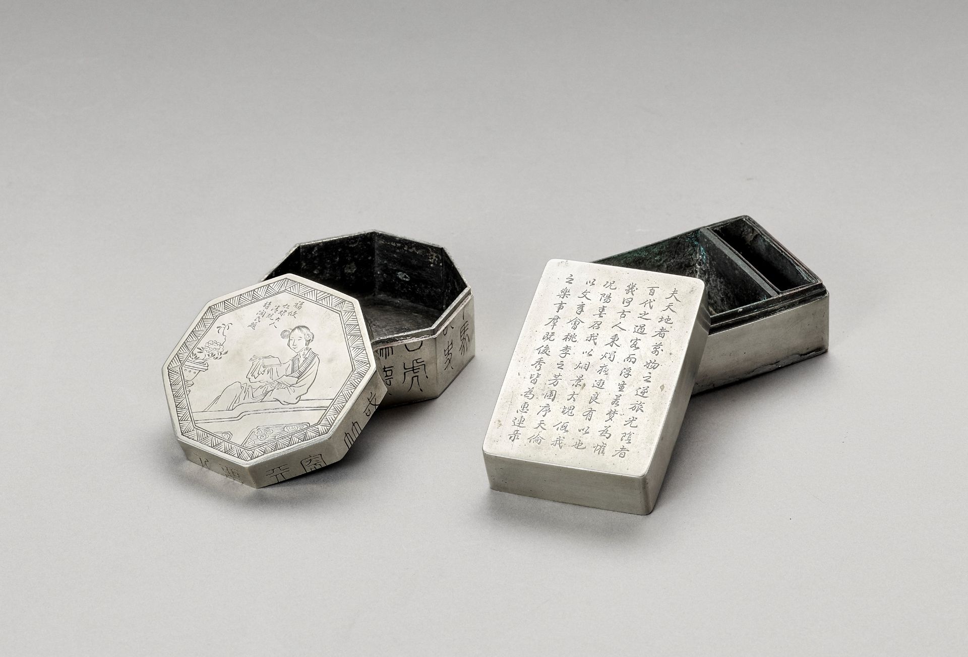 TWO SILVERED METAL INK STONE BOXES, LATE QING TO REPUBLIC