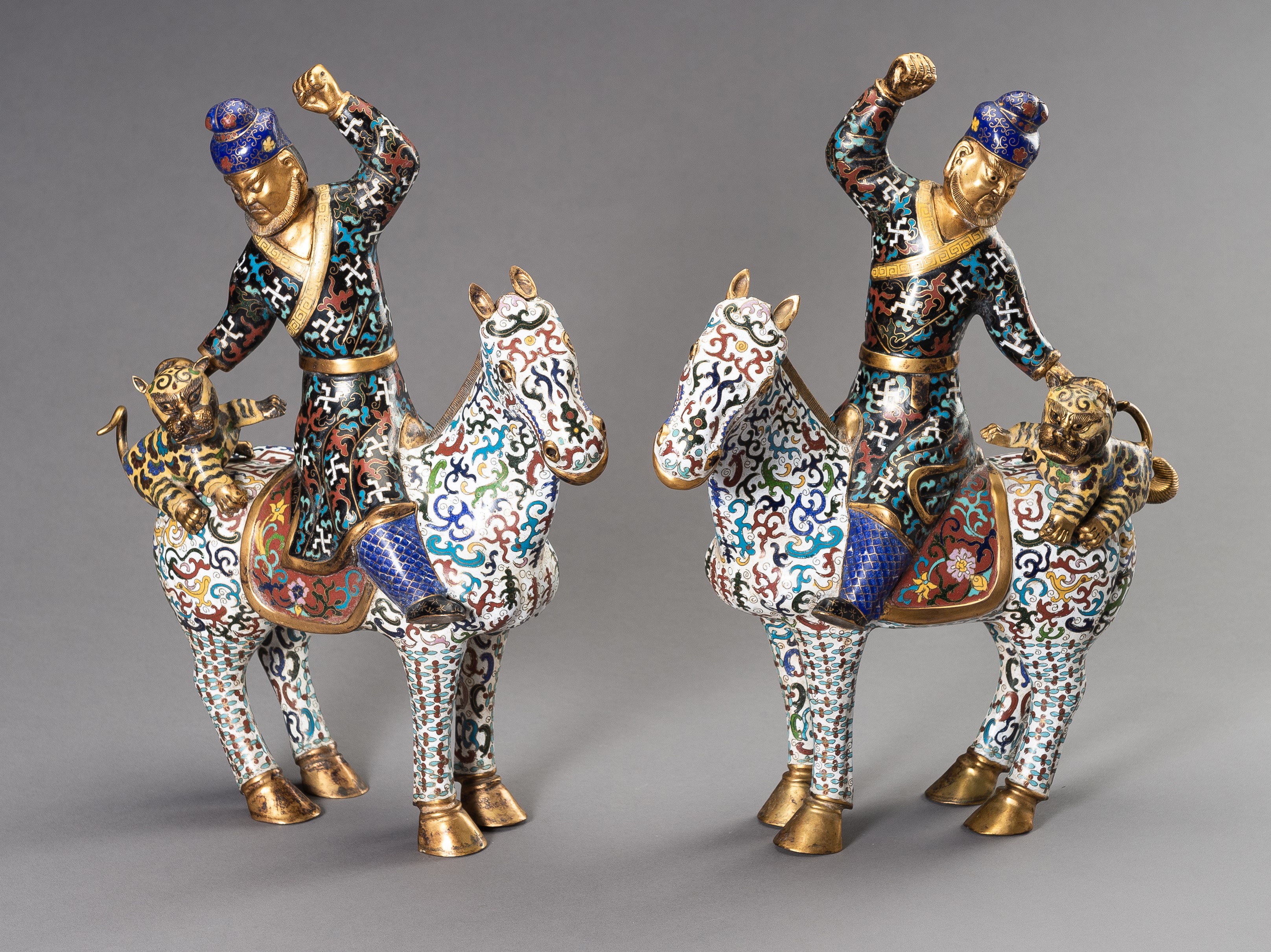 A PAIR OF CLOISONNE ENAMEL PERSIAN EQUESTRIANS, 20TH CENTURY