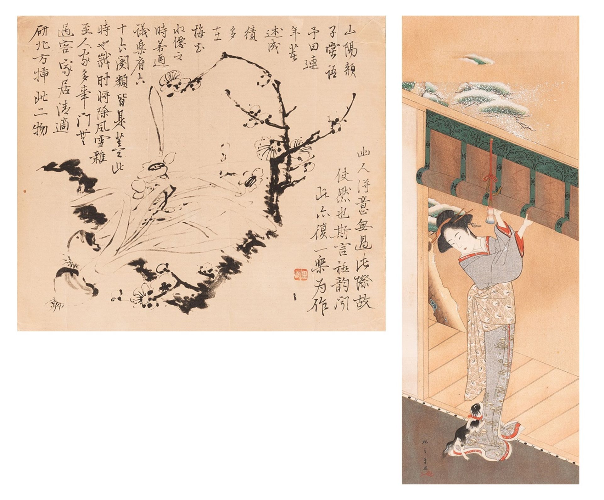 A SET OF A JAPANESE HAND COLORED WOODBLOCK PRINT AND A CHINESE PRINT