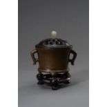 A BRONZE CENSER WITH WOOD COVER & STAND, 1900s