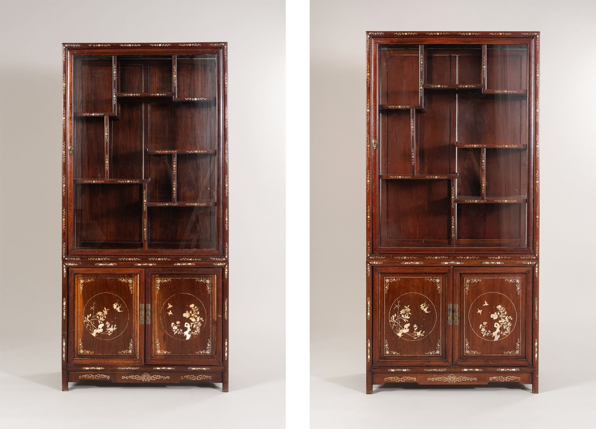 A PAIR OF MOTHER OF PEARL INLAID DISPLAY CABINETS, 1900s