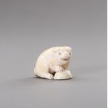 RANICHI: AN IVORY NETSUKE OF A PUPPY WITH AWABI