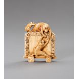 AN IVORY NETSUKE DEPICTING THREE MONKEYS CLIMBING ON A SCREEN